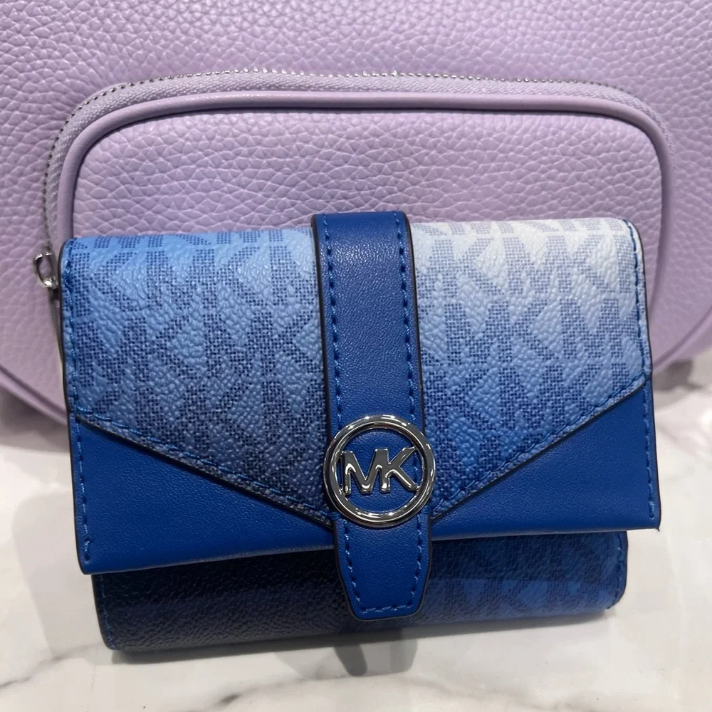 MICHAEL KORS Greenwich Medium Ombré Signature Logo Tri-Fold Wallet Galaxy Blue
